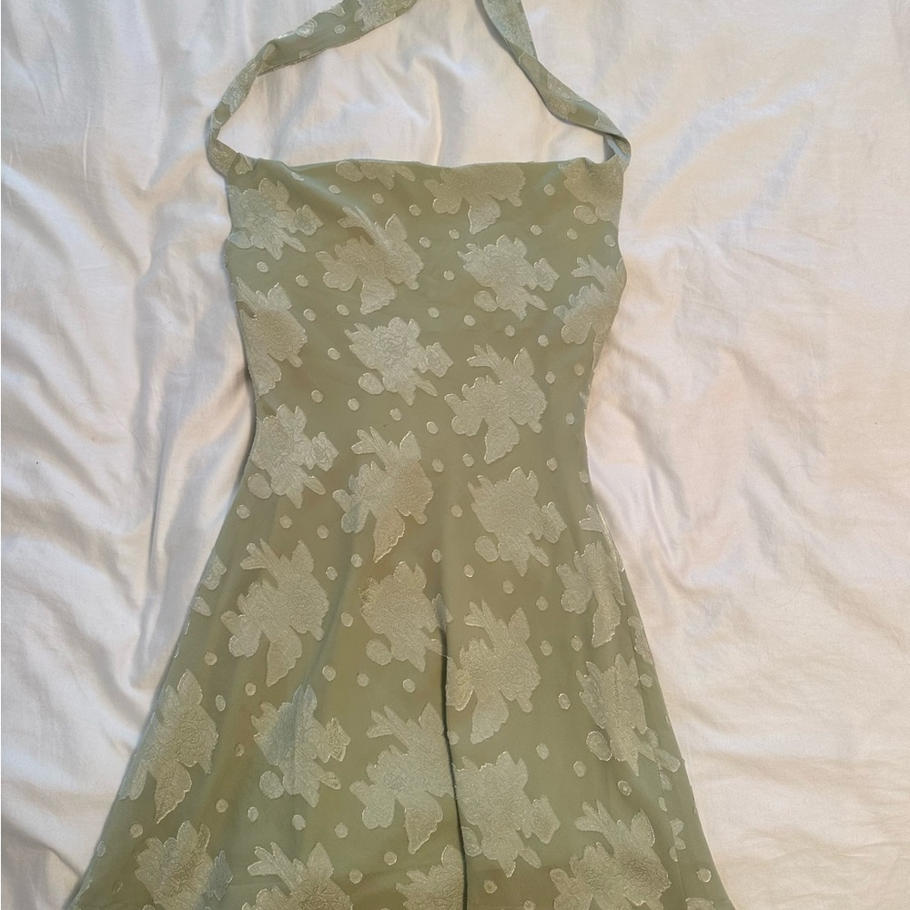 HELLO MOLLY Floral Halter Dress in Sage Green
